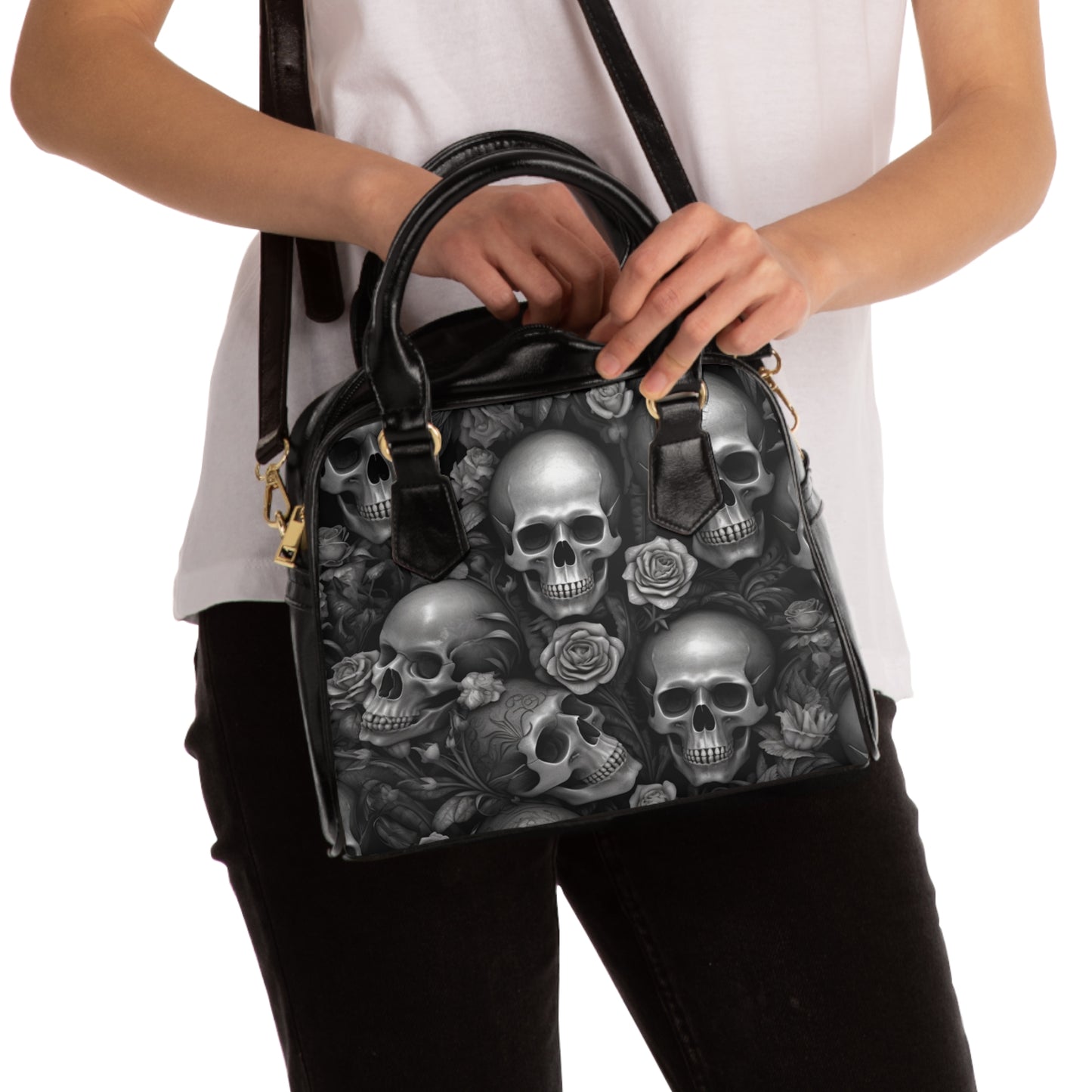 Gothic Skull and Rose Shoulder Handbag Crossbody Purse