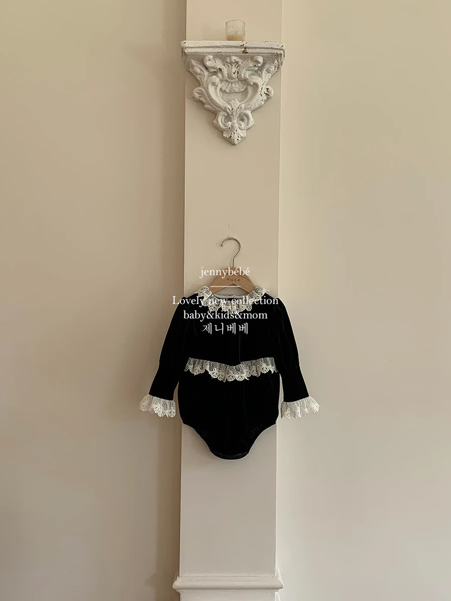 Victorian Little Girls Black Velvet Lace Romper