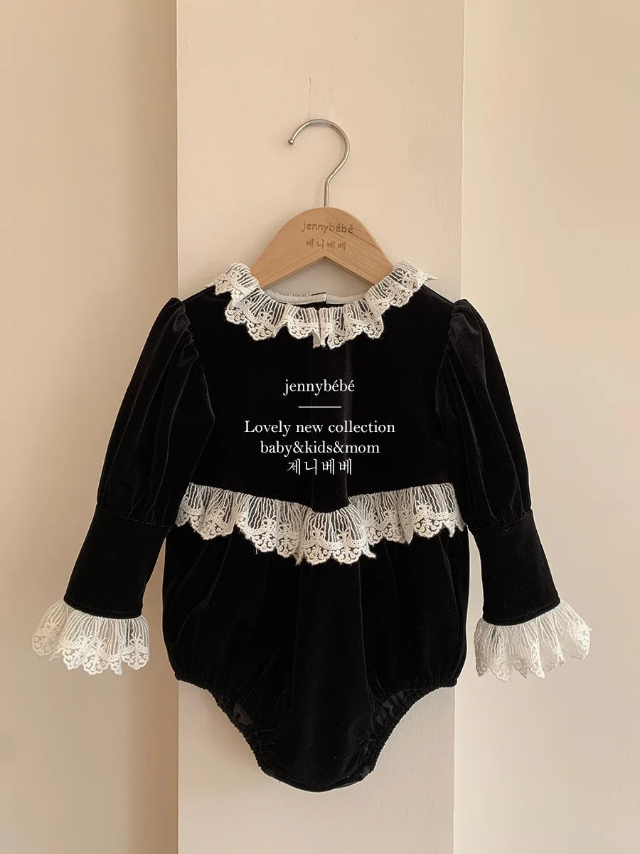 Victorian Little Girls Black Velvet Lace Romper