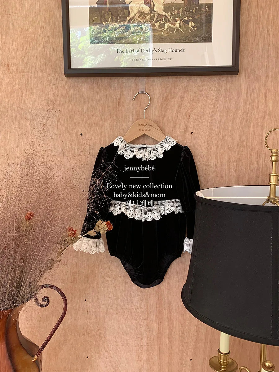 Victorian Little Girls Black Velvet Lace Romper