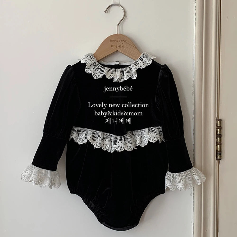 Victorian Little Girls Black Velvet Lace Romper