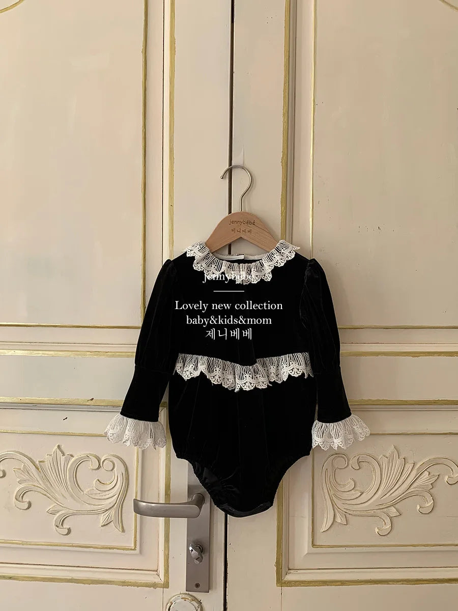 Victorian Little Girls Black Velvet Lace Romper