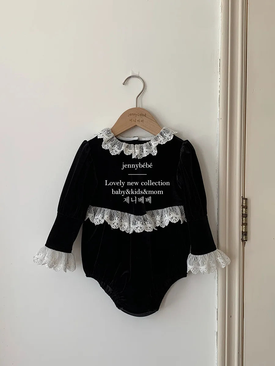 Victorian Little Girls Black Velvet Lace Romper