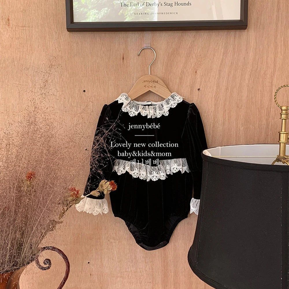 Victorian Little Girls Black Velvet Lace Romper