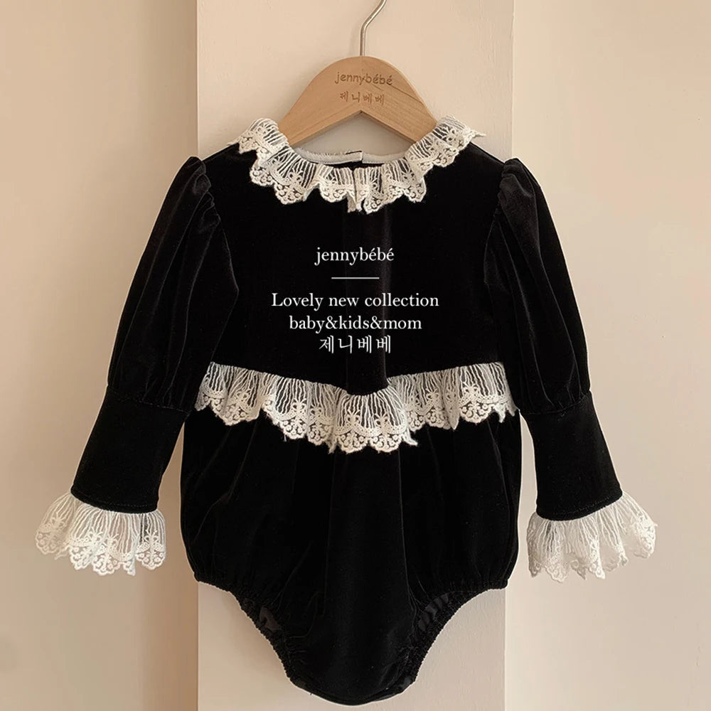 Victorian Little Girls Black Velvet Lace Romper