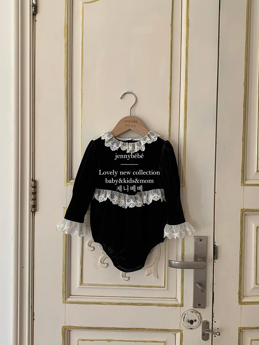 Victorian Little Girls Black Velvet Lace Romper