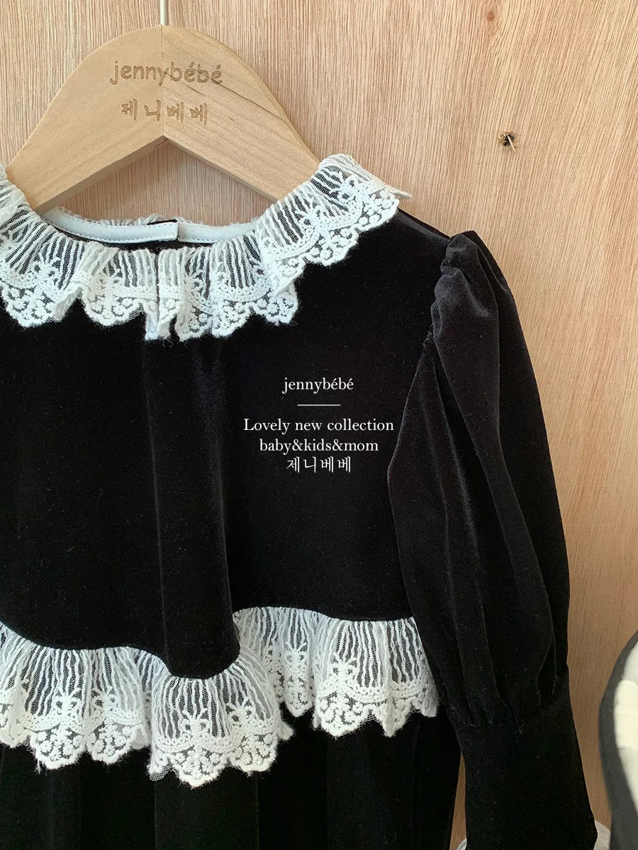 Victorian Little Girls Black Velvet Lace Romper