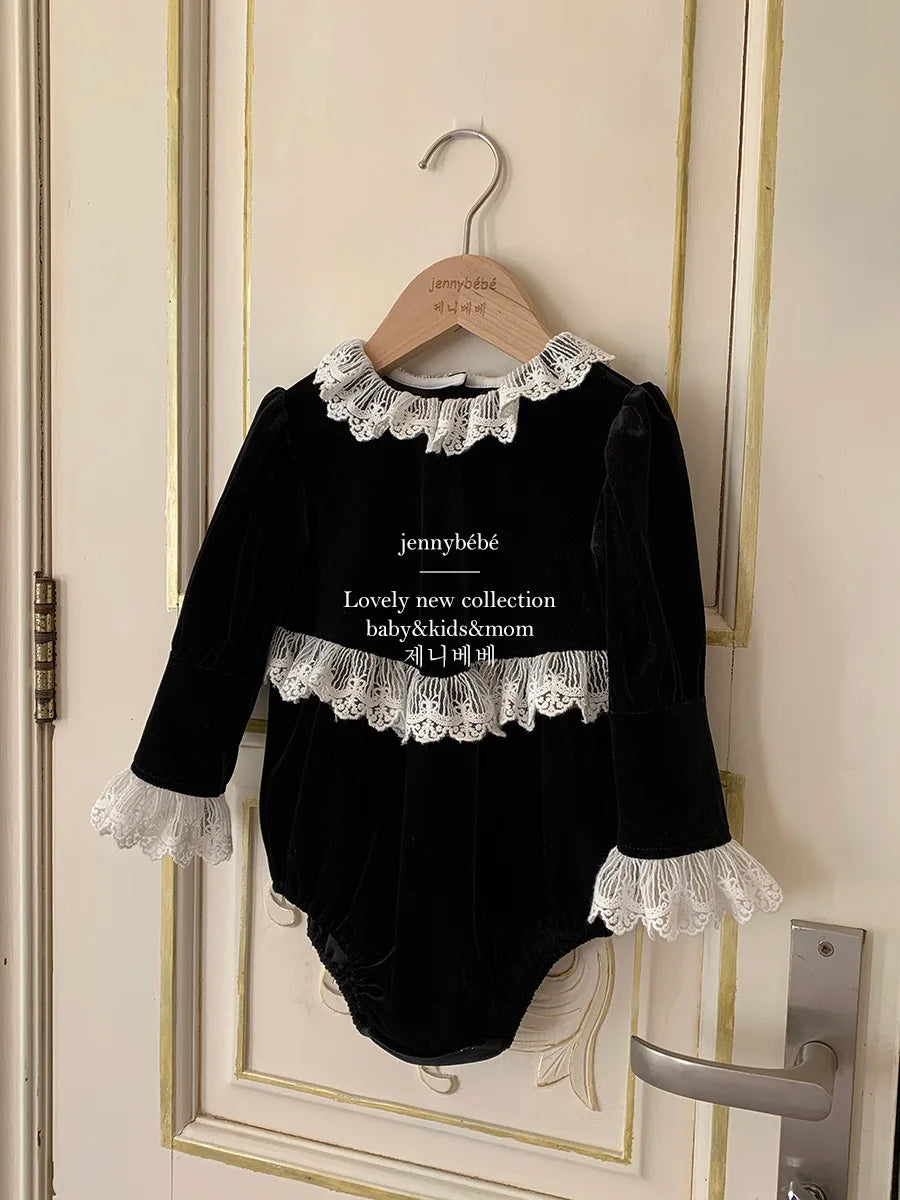 Victorian Little Girls Black Velvet Lace Romper