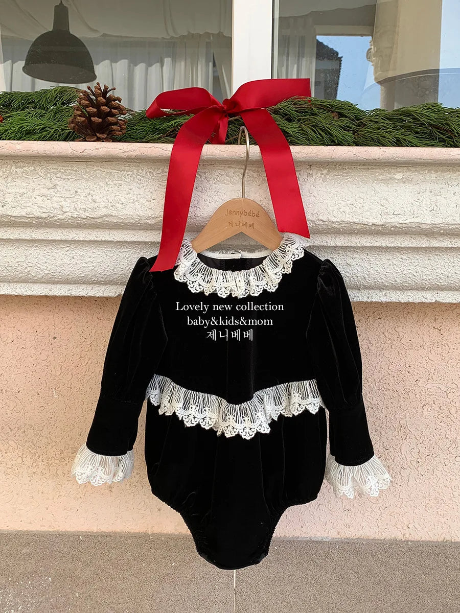 Victorian Little Girls Black Velvet Lace Romper